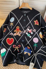 Argyle Candy Gingerbread Man Embroidered Button-knit Cardigan