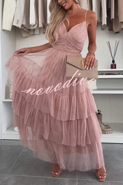 Romantic Movie Tulle Ruched Tiered Hem Slip Maxi Dress