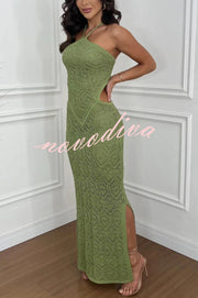 Seleia Crochet Knit Cutout Waist Texture Halter Slit Stretch Maxi Dress