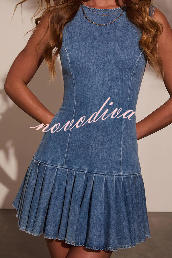 Fashionable Spliced Back Hollow Lace-up Pleated Slim-fit Denim Mini Dress