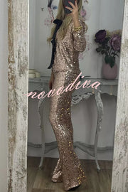 Holiday Cheer Sequin High Rise Elastic Waist Flared Stretch Pants