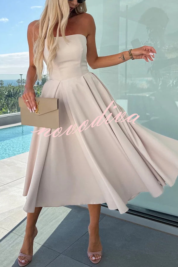 Sweet Cascade Solid Color Off Shoulder Pocket Full Hem Midi Dress