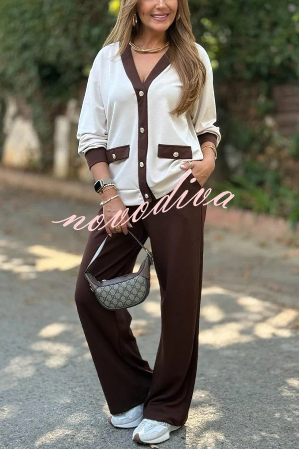 Stylish Color-blocked V-neck Knitted Button-down Cardigan and Elastic Waist Casual Wide-leg Pants Set