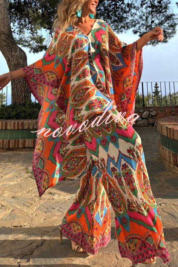 Colorful Day Unique Print Loose Cape and Elastic Waist Pocketed Pants Set