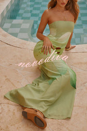 Smooth and Elegant Satin Unique Floral Print Off Shoulder Maxi Dress