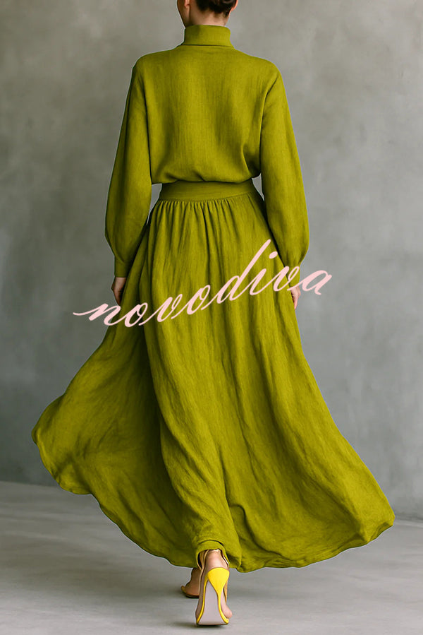 Linen Blend Solid Color Loose Long-sleeved Top and High-waisted Casual Pocket Maxi Skirt Set