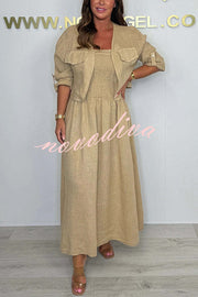 Solid Color Casual Short Jacket and Suspender Pleated Maxi Dress Set
