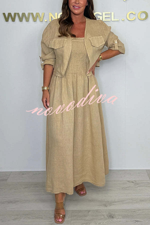 Solid Color Casual Short Jacket and Suspender Pleated Maxi Dress Set