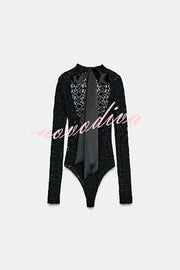 Anna Semi-sheer Lace Long Sleeve Back Bow Tie-up Cutout Stretch Bodysuit