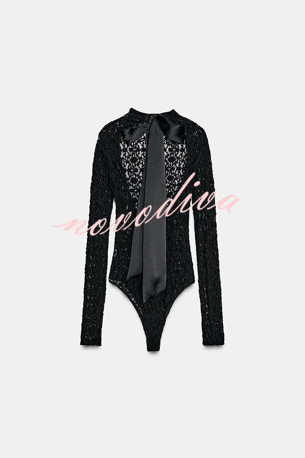 Anna Semi-sheer Lace Long Sleeve Back Bow Tie-up Cutout Stretch Bodysuit
