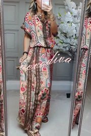 Unique Printed Loose Short-sleeved Top and Elastic Waist Casual Wide-leg Pants Set