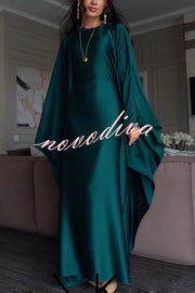 Dignified and Elegant Satin Batwing Sleeve with Waist Tie Design A-line Maxi Dress