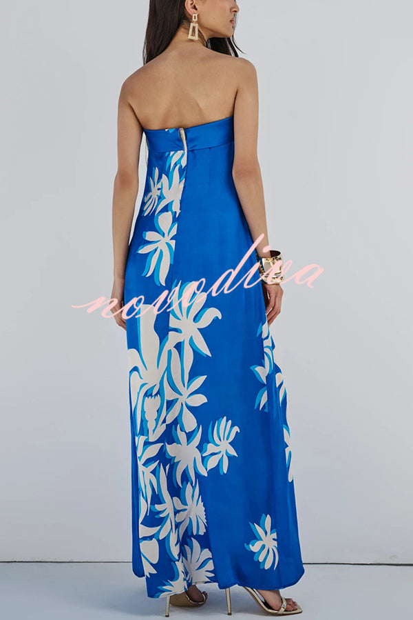 Fashion Vacation Satin Unique Print Off Shoulder Maxi Dress