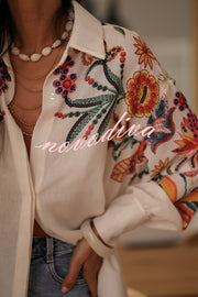 Botanical Print Loose Lapel Long Sleeve Casual Shirt