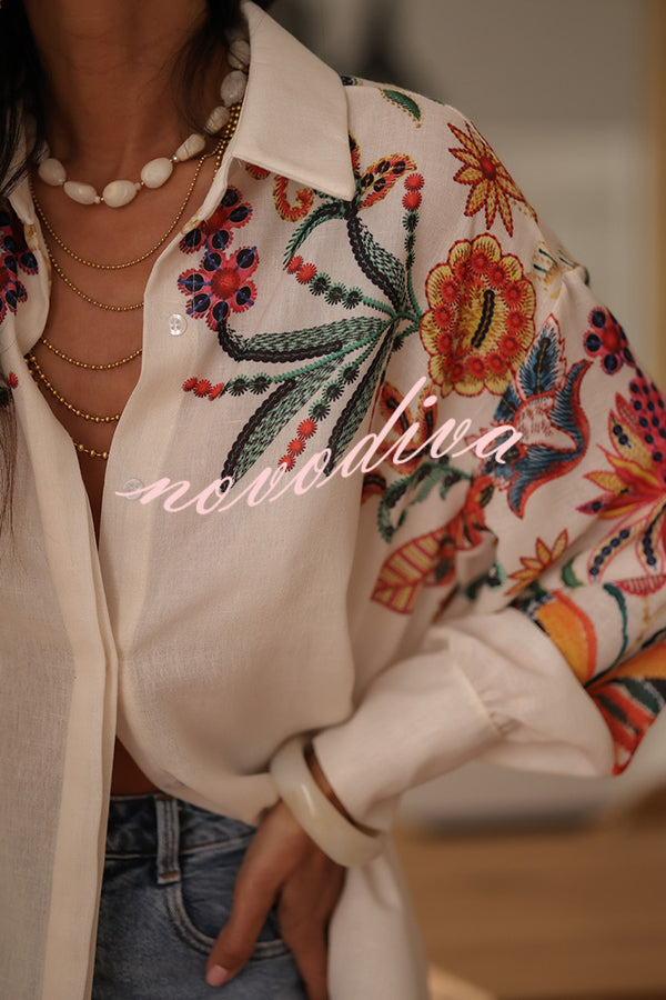 Botanical Print Loose Lapel Long Sleeve Casual Shirt