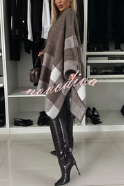 Calm and Elegant Knit Plaid Color Block Batwing Sleeve Loose Poncho