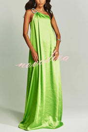 Charming Glance Satin Metal Hardware One Shoulder Loose Maxi Dress