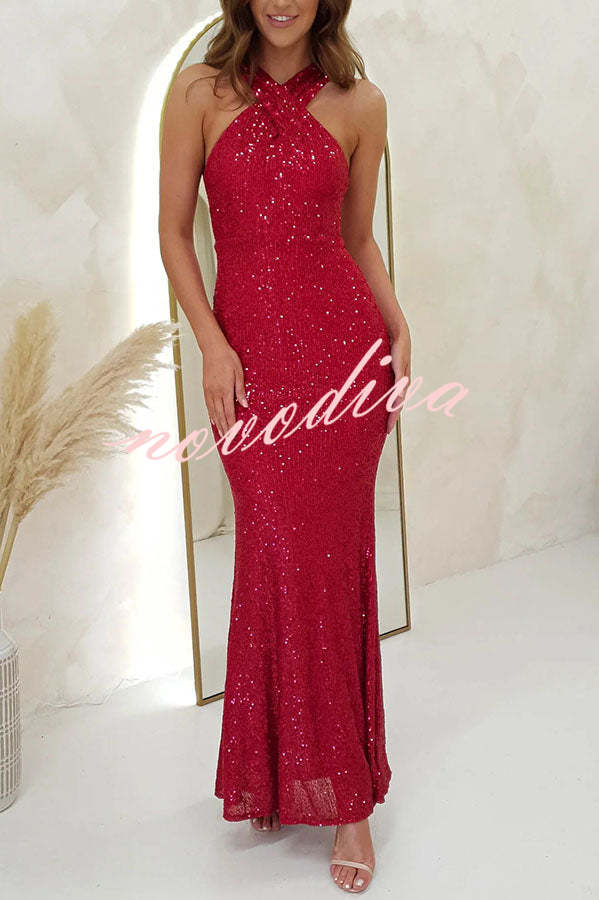 Time To Sparkle Sequin Cross Halter Neck Backless Maxi Dress