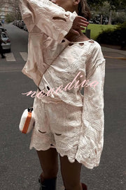 Fashionable Round Neck Long Sleeve Hollow Embroidered Top and Elastic Waist Loose Shorts Set