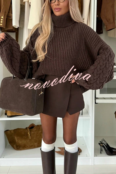 Stylish and Comfortable Ribbed Knit Turtleneck Cable Sleeve Loose Sweater