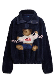 American Retro Polo Bear Pattern Stand Button Neck Long Sleeve Fleece Pullover