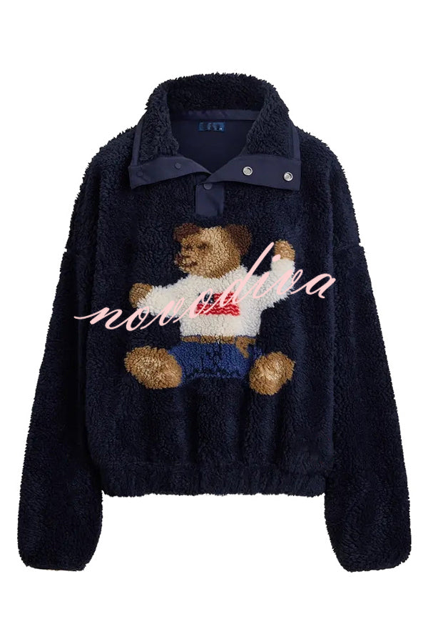 American Retro Polo Bear Pattern Stand Button Neck Long Sleeve Fleece Pullover