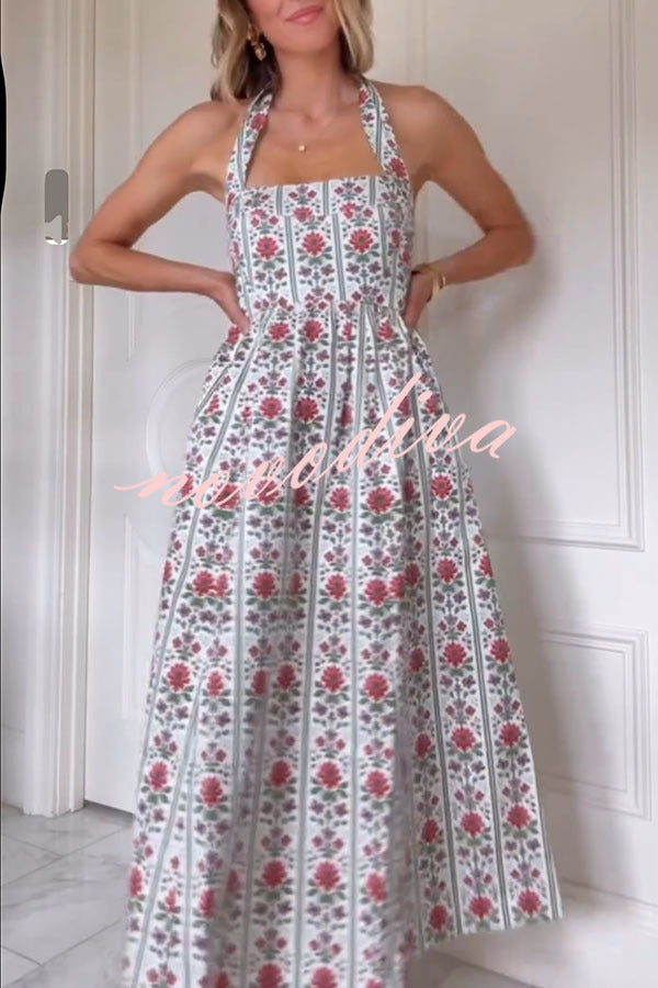 Summer Event Linen Blend Floral Pocketed Halter Maxi Dress