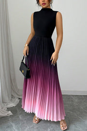 Fashionable Gradient Sleeveless Slim Fit Stitching Pleated Maxi Dress