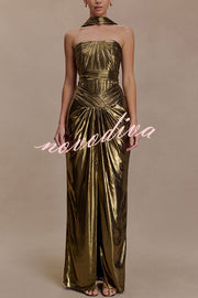 Clemence Plisse Metallic Fabric Reverse Halter Beck Strap Drape Slit Maxi Dress
