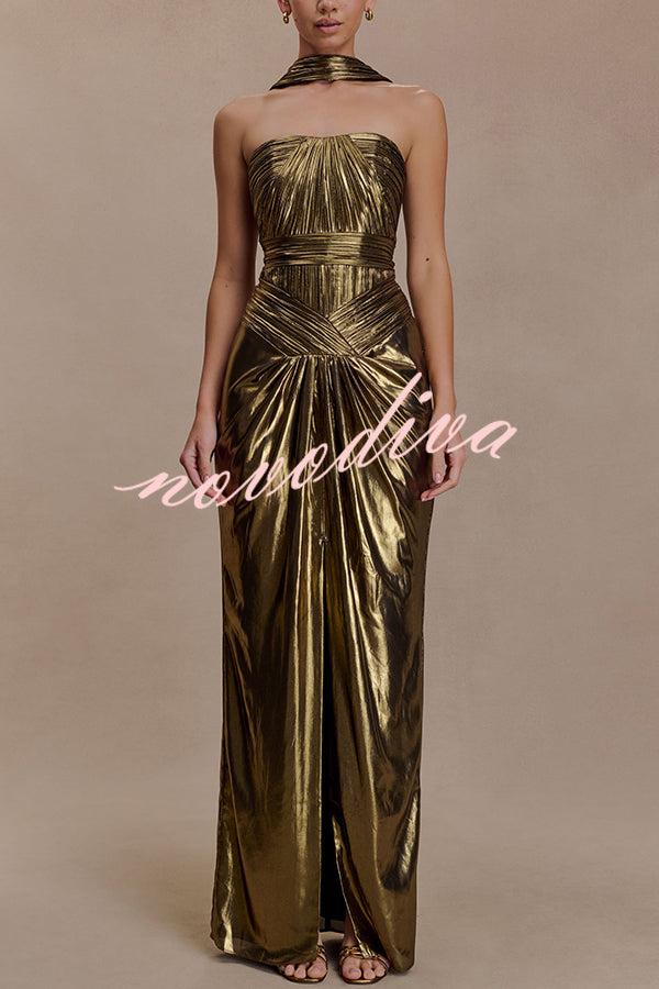 Clemence Plisse Metallic Fabric Reverse Halter Beck Strap Drape Slit Maxi Dress
