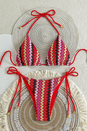 Knit Wave Unique Print Stretch Tie Bikini Swimsuit