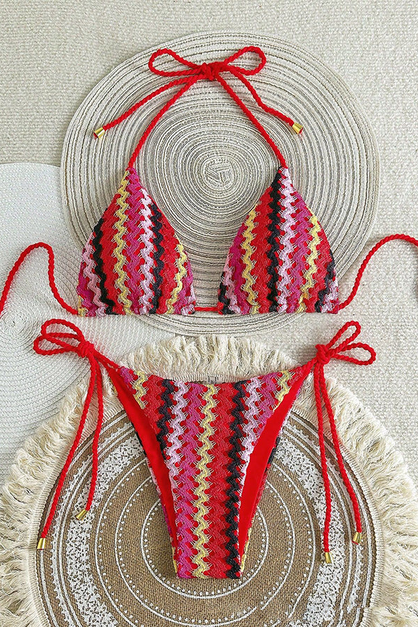 Knit Wave Unique Print Stretch Tie Bikini Swimsuit