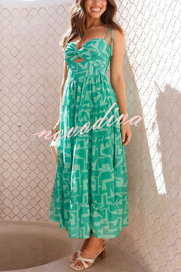 Unique Printed Suspender Tie Back Pleated Midi Dress