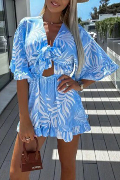 Zebra Print Ruffled Sleeves Dropped Sleeves V Neck Tie High Waist Romper