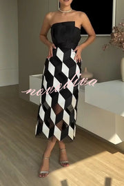 Sexy Tube Top and Backless Rhombus Contrast Midi Dress