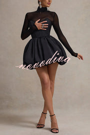 Elegant Mesh High Neck Long Sleeve Puff Hem Slim Sexy Mini Dress