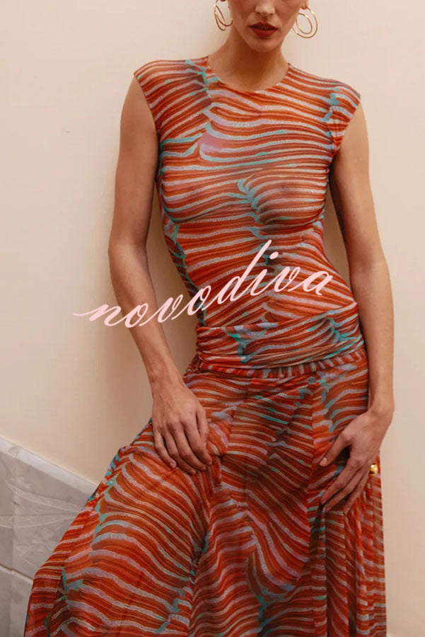 Bella Stretch Mesh Unique Print Bodysuit and High Rise Elastic Waist Maxi Skirt Set