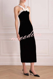 Sociable Elegance Velvet Contrast Bow Shoulder Strap Slit Stretch Midi Dress