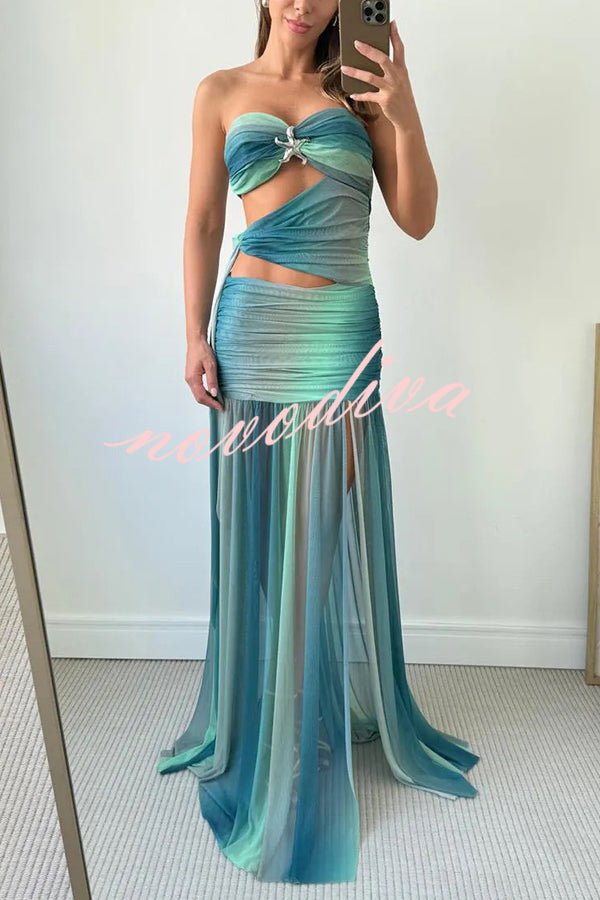 Soleil Mesh Printed Starfish Pendant Ruched Cutout Off Shoulder Maxi Dress