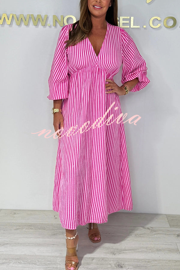 Striped Print V-Neck Long Sleeve Casual Loose Maxi Dress