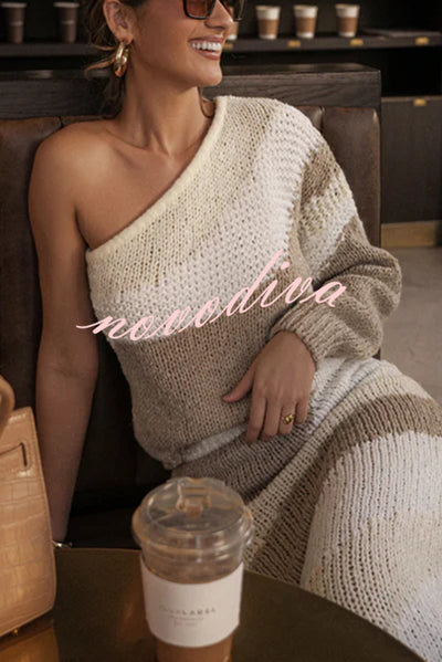 Soft Autumn Knit Colorblock One Shoulder Sleeve Ribbed Trim Loose Sweater