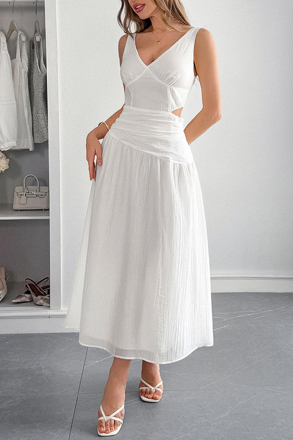 Solid Color V-neck Sleeveless Waist Hollow Out Maxi Dress