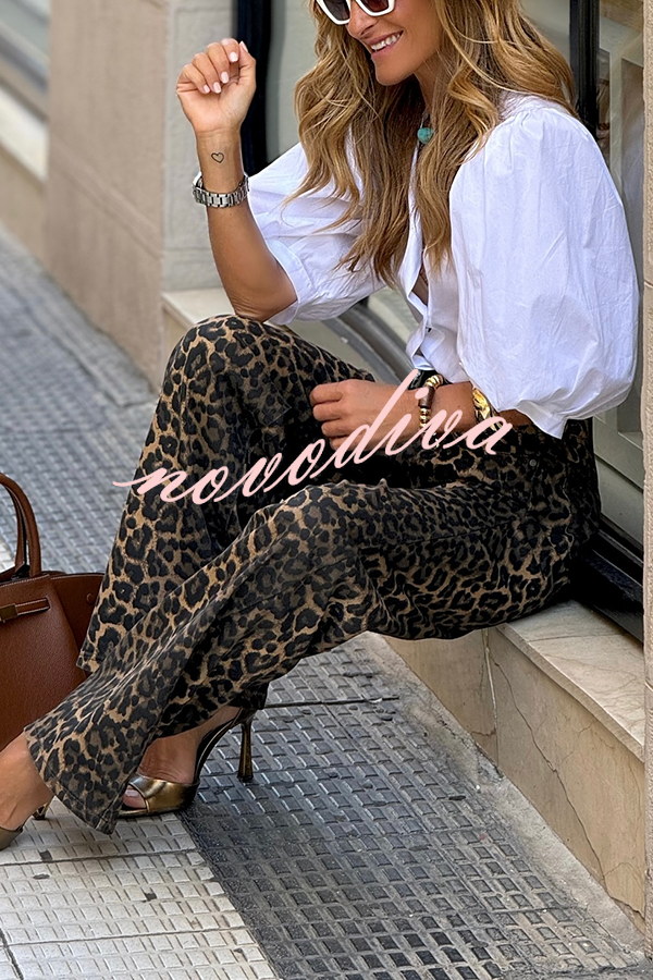 Wild Feel Denim Leopard Print High Rise Wide Leg Pocketed Jeans