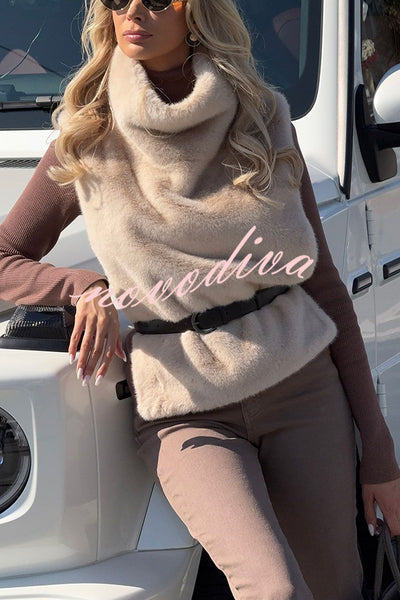 Warm and Stylish Shaggy Eco-fur Stand Collar Side Slit Vest