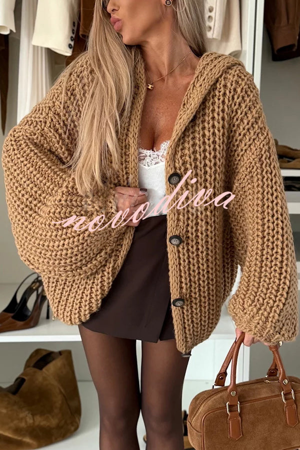 Warm Day Knit Button Up Long Balloon Sleeve Hooded Loose Cardigan