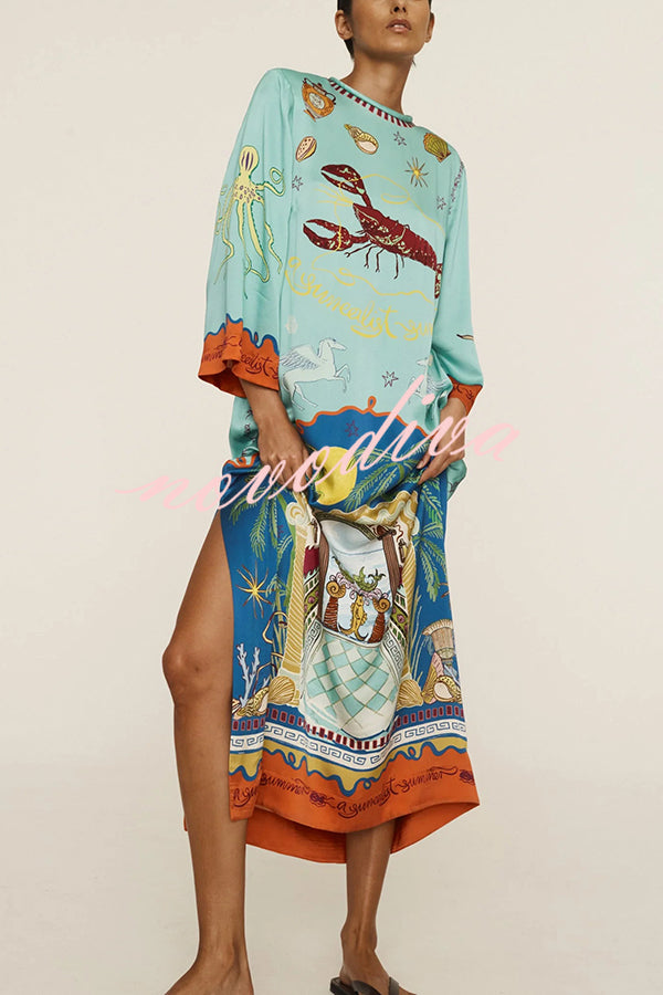 Satin Unique Print Long-sleeve Tie-waist Slit Maxi Dress