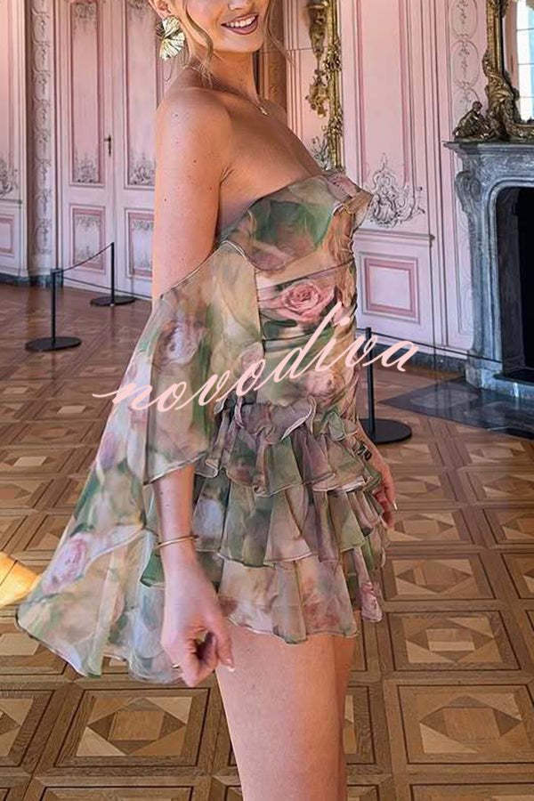Chiffon Floral Print Elegant Multi-Layered Ruffle Mini Dress