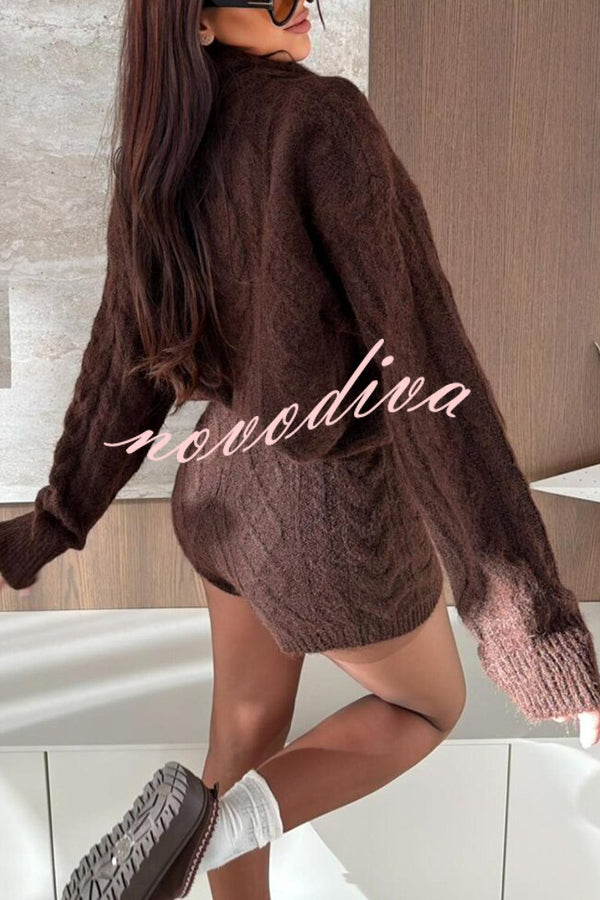 Diviano Cabble Knit Button Scarf Long Sleeve Sweater and Stretch Mini Shorts Set（3 Pieces）