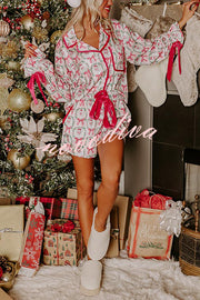 Christmas Dreaming Satin Santa Print Velvet Trim Elastic Waist Pocketed Pajama Shorts Set