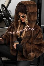 Winter Latte Gradient Print Ribbed Balloon Sleeve Hooded Loose Plush Coat